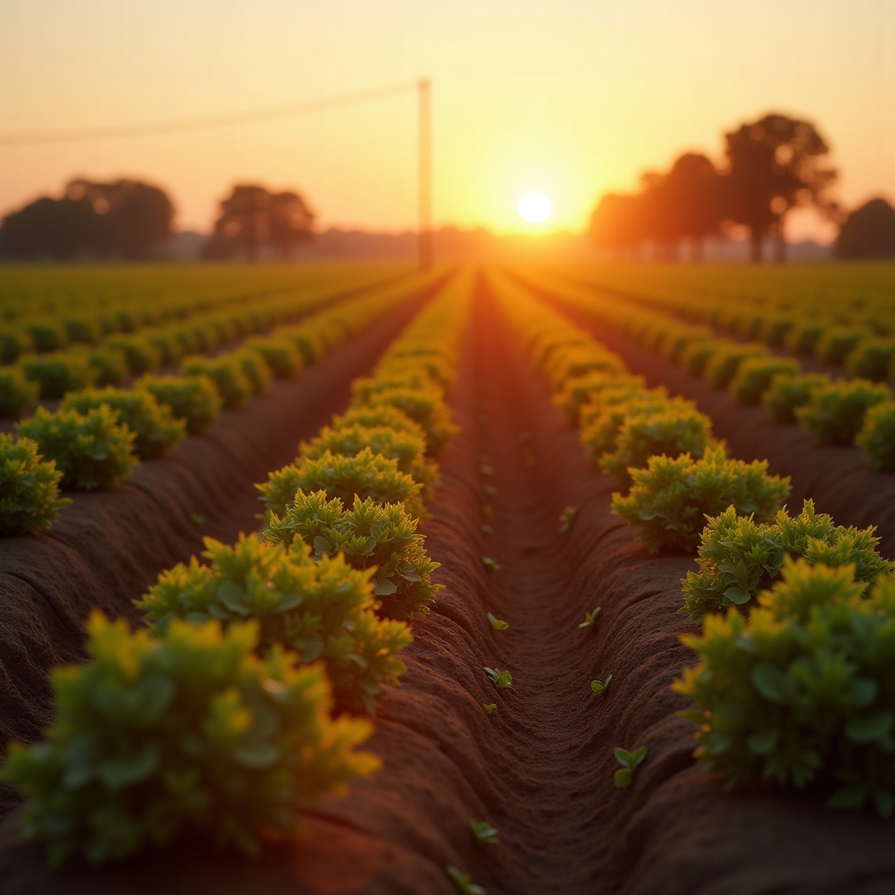 rows of crops at sunrise