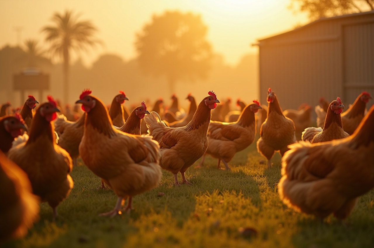 A flock of chickens spread across a grassy paddock at golden hour, mobile shelter visible in the background