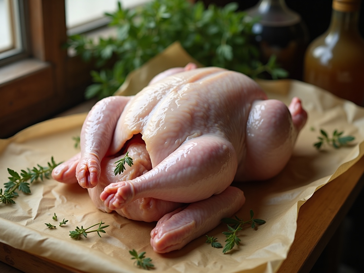 A whole raw chicken resting on butcher paper with herbs scattered nearby