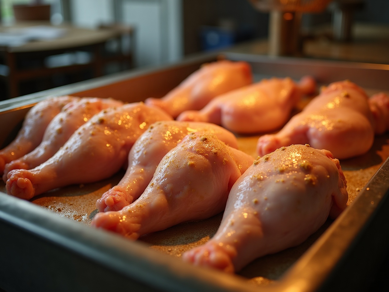 Chicken thighs and drumsticks arranged in a butcher's tray