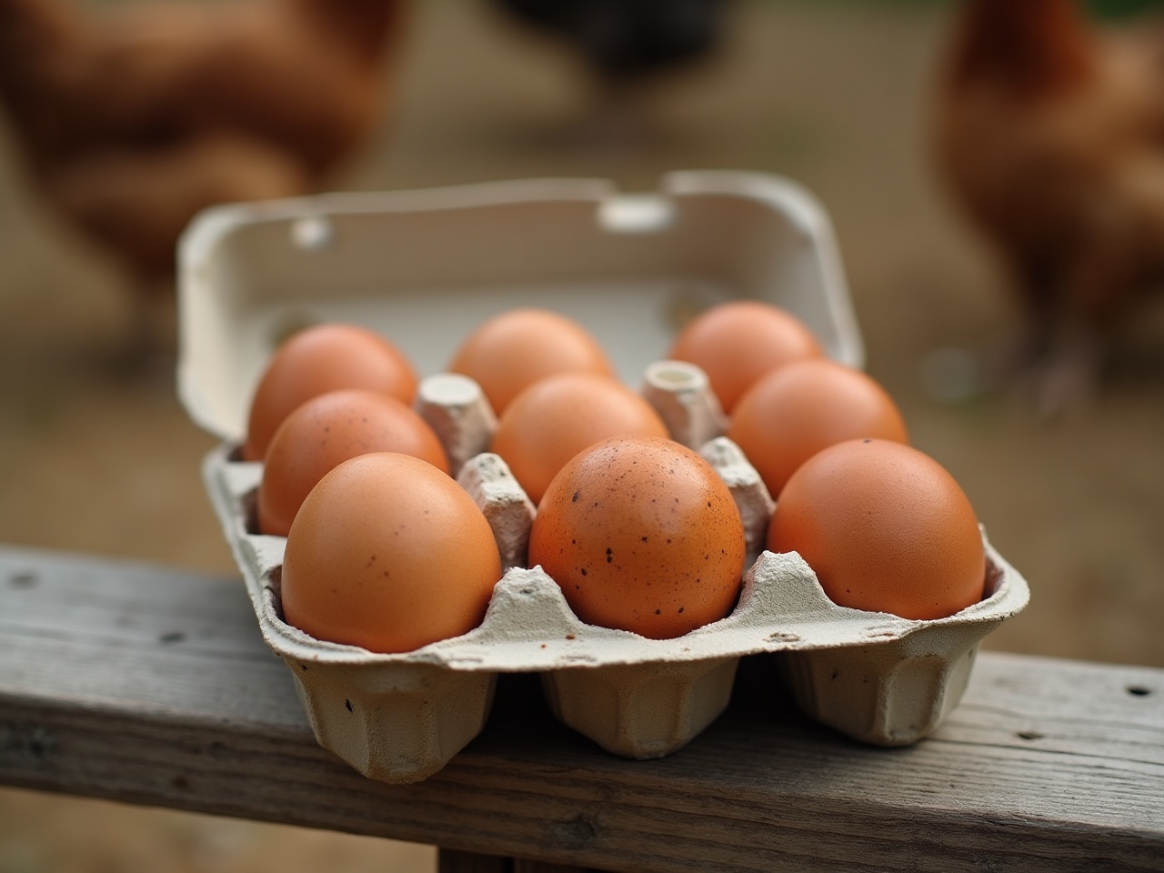 A carton of brown speckled eggs on a wooden bench