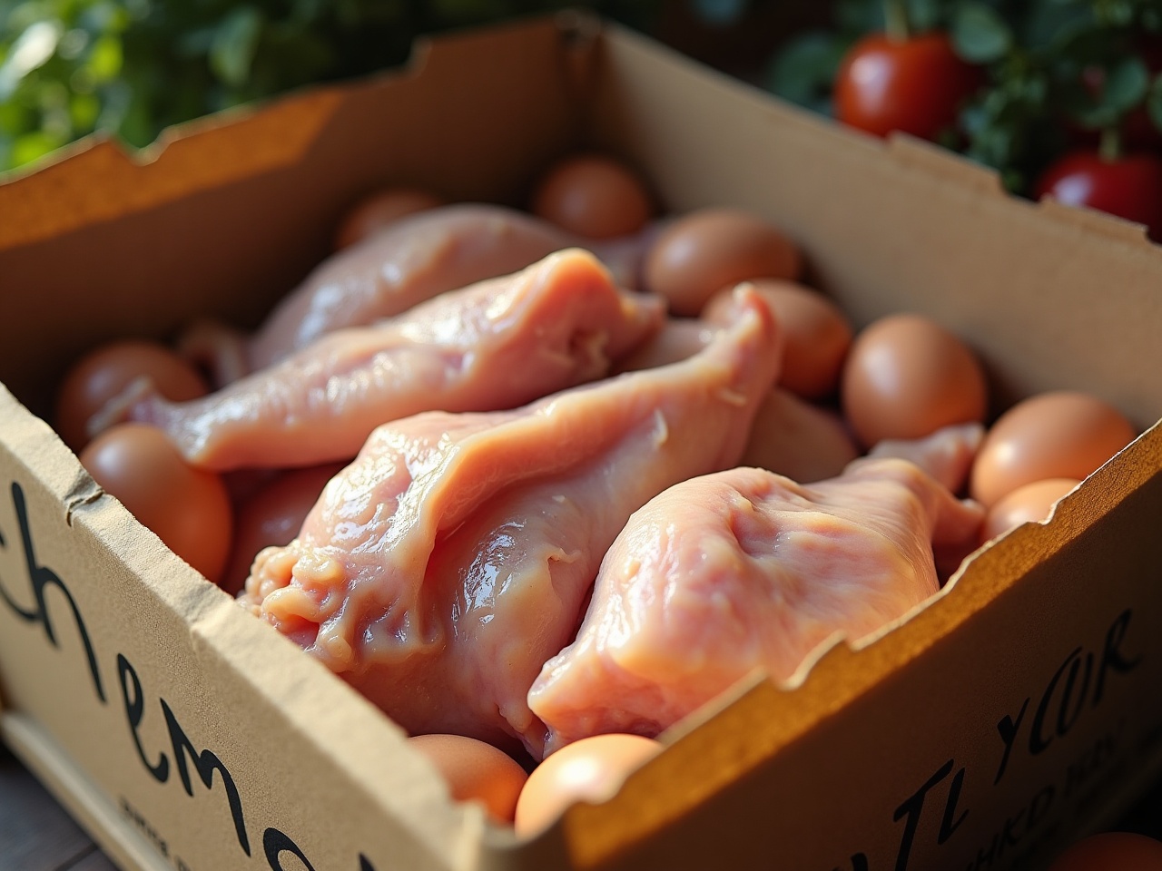 A packed box of chicken cuts, eggs and produce ready for pickup