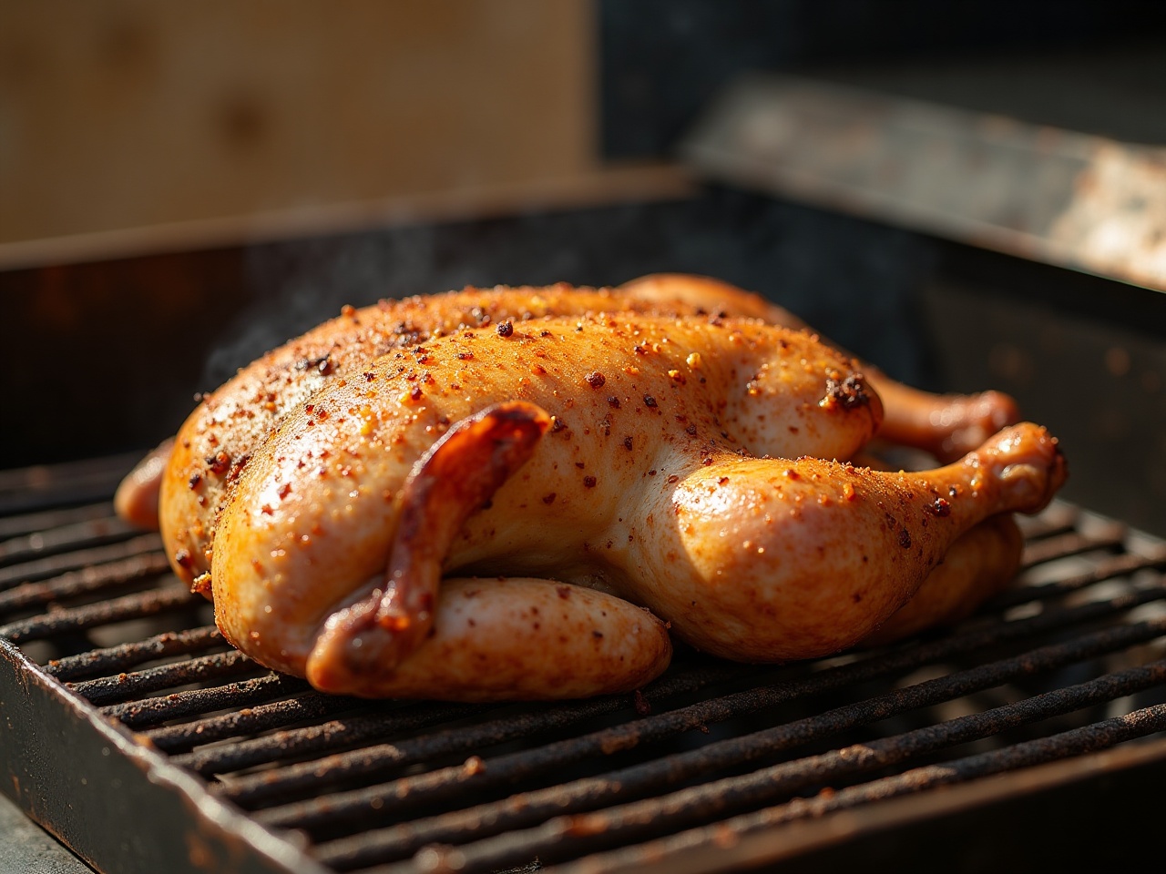 A spatchcocked chicken seasoned and laid flat on a grill rack