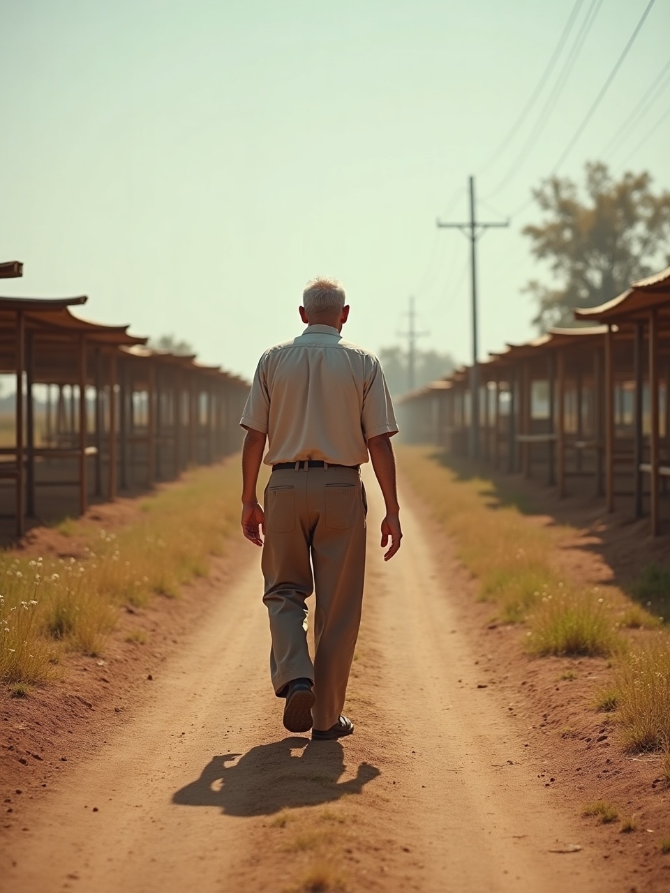 An older farmer walking down a dirt road toward mobile chicken shelters in a paddock