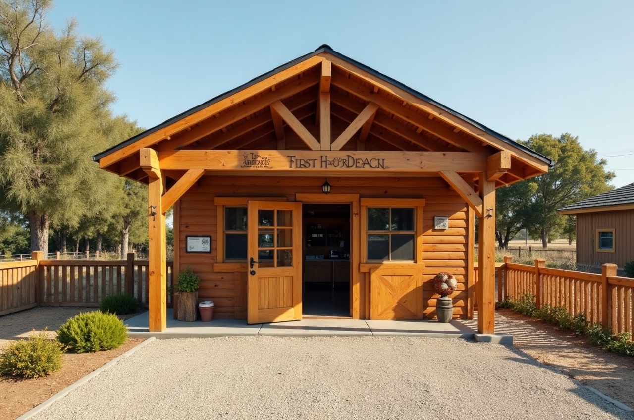 A small timber farm gate stand with a cool room and gravel parking area